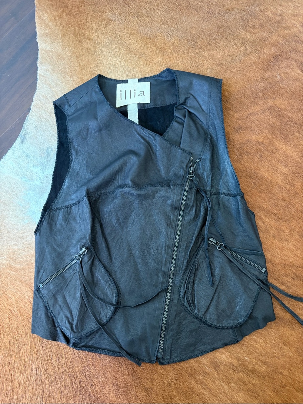 Gillia Black Leather Asymmetrical Zip Vest